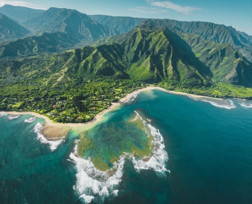 Aerial view of Hawaiian island coast line.